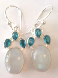 ❤️PENDIENTES BLANCOS DE PIEDRA LUNAR Y TOPACIO AZUL PLATA ESTERLINA 1,75" CAJA NUEVA❤️ - Imagen 1 de 5