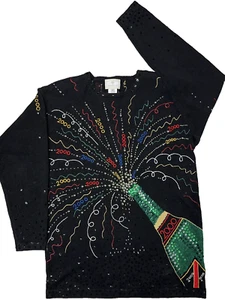 VTG Y2K Susan Bristol Hand Embroidered New Year’s Eve Party Sweater Women Size M - Picture 1 of 12