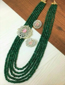 Bollywood Indian Long Green Mala Necklace Bridal Gold Plated Wedding Jewelry Set - Picture 1 of 3