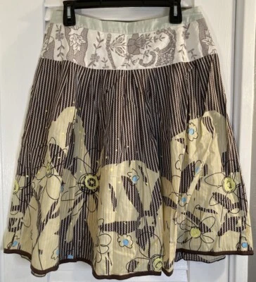 Falda Cabi Marrón Dorado Verde Floral Algodón Línea A Boho Bordada Forrada Mujer 6 Foto 1 de 4