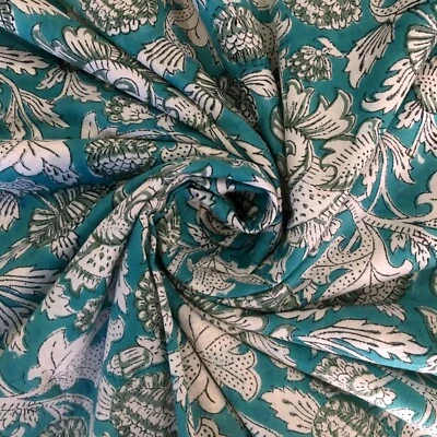 Hand Block Green Flower Print Craft Cotton Voile Indian Fabric Sewing By Yards - Image 1 of 4