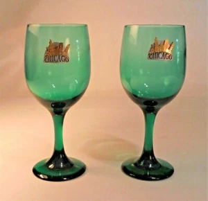 2 Vintage 70's Green Libbey Wine Glasses Goblets Chicago Pewter Skyline Emblem. - Picture 1 of 6
