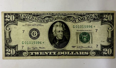 $20 1977 Dollar Bill Star Note Chicago Twenty Serial No. G01015996* Circulated - Image 1 of 3