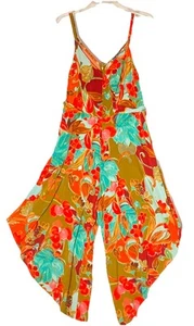 Ivy Street Sz 1X Orange Aqua Blue brown Cropped Wide Leg Floral Jumpsuit Dress - Picture 1 of 8