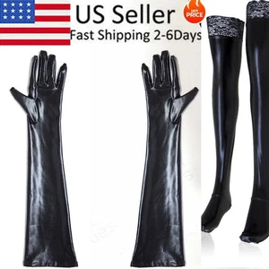 Black 2PC Wet Look Thigh-Highs Stockings Gloves Opera Party Club Costume Fancy - Picture 1 of 6