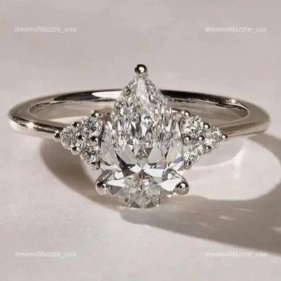 April Pear Lab Grown Diamond Dazzling Cluster Ring Jewelry 14K Solid White Gold - Image 1 of 4