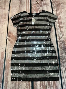 Apricot Dress Women's UK14 Silver Black Striped Shift Dress Cap Sleeve New - Picture 1 of 10