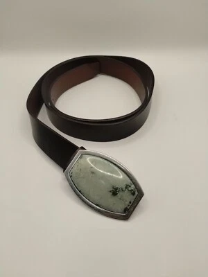 Cokdwater Creek Dark Brown Leather Light Green Stone Buckle Belt Size Large - Image 1 of 4