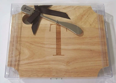 NEW ~ Mud Pie Wood Cheese Snack Board + Spreader 'T' Monogram Gift Set NICE  - Image 1 of 4
