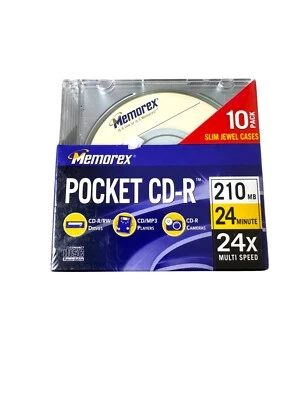 Memorex 10 Pack Slim Jewel case Pocket CD-R (210MB/24Min./ 24x Multi Speed) NEW - Image 1 of 4