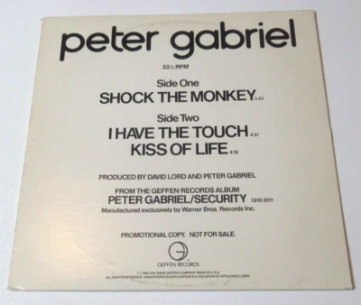 Peter Gabriel Promo 12" Record Shock the Monkey Geffen PRO-A-1062 1982 Rock - Image 1 of 4