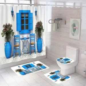 Juego de cortinas de ducha de ventana azul de pared blanca alfombra de baño alfombra de piso cubierta de inodoro - Imagen 1 de 20