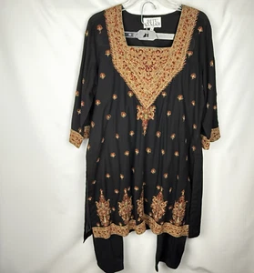 Vtg Ritu Kumar Hand Embroidered Salwar Kameez L Black Tan Red Gold Kurta Set - Picture 1 of 13