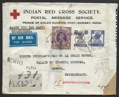 India 1945 censored registered RED CROSS Airmail cover Bombay to Geneve - Image 1 of 2