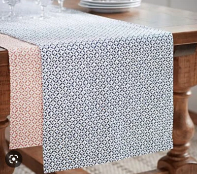 Pottery Barn PB Winnie Blue Geometric Cotton/Linen Table Runner 18" x 108" EUC - Image 1 of 4