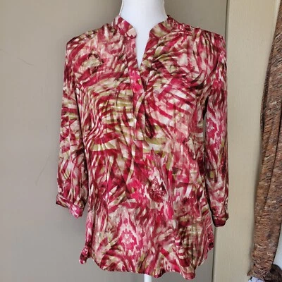 Chicos Top Womens Small Pink Beige Silky Tropical Beachy Vacation Vibe - Image 1 of 4