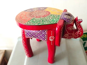Indian Hand Painted Wooden Elephant Shape Home Decor Side Table Statue Table - Picture 1 of 6