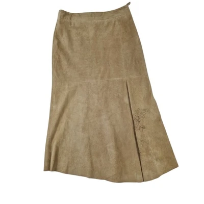 Olsen Womens Leather Skirt Brown Suede Midi Embroided Lined Asymmetric UK 14 - Image 1 of 4