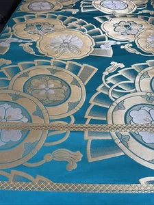 VTG Japanese Kimono Fabric OOAK Turquoise & Gold Floral 4 Yrs x 27 In NOS - Picture 1 of 14