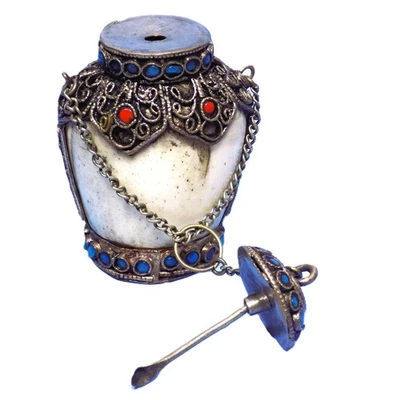 Vintage Tibetan Fine Bone and Metal Chained Snuff Bottle 3" Red and Blue Stones - Image 1 of 4