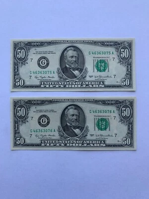 1977 two consecutive $50 Used U.S. Currency Serial #'s G46363075A & G46363076A - Image 1 of 4
