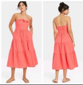 Universal Thread midi cotton Coral Tiered Ruffled strapless Sundress size M - Picture 1 of 10