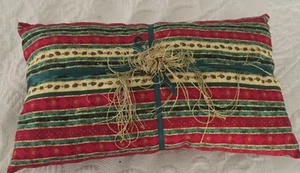 Christmas holiday pillow 14 X 8 stripe green red fabric & Ribbon Handmade - Picture 1 of 3