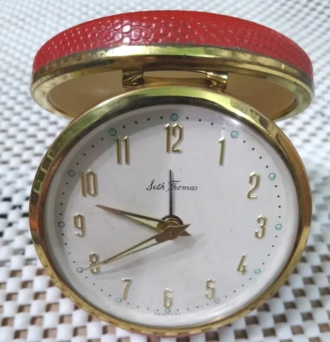 Linden Travel Alarm Clock Red Faux Leather Round Glow-in-Dark Hands Cover