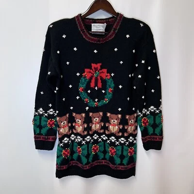 Suéter De Colección Marisa Christina Mujeres S-M Negro Osos de Peluche Feo Navidad Pullover Foto 1 de 4