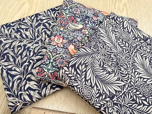 FAT QUARTER FABRIC BUNDLE - William Morris Navy Blue Floral Bird Print Fabric - Picture 1 of 3