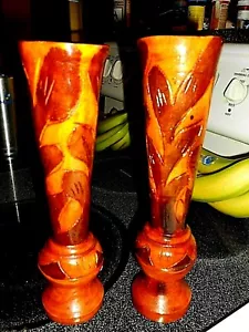 SET OF 2 VNTG 10" TREENWARE ?? VASE'S HANDCRAFTED ART UNIQUE BLEND OF 3 WOODS?   - Picture 1 of 4
