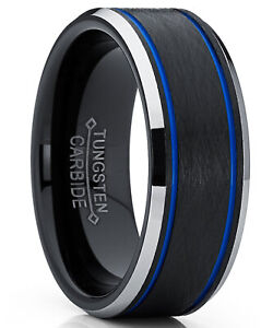 Men's Tungsten Carbide Black and Blue Textured Wedding Band Ring