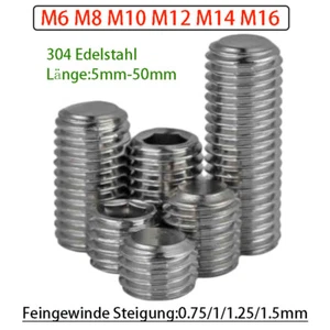 A2 Edelstahl Allen Gewindestifte mit Flachkopf Feingewinde M6 M8 M10 M12 M14 M16 - Picture 1 of 85