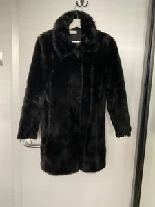 Faux fur Coat Size 10 Ladies Black collared long jacket - Picture 1 of 10
