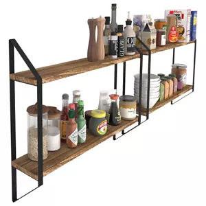 2 Tiered Shelf Iron Wooden Floating Shelving Rack Bathroom Washing Room Storage - Picture 1 of 12