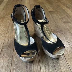 Boston Proper Black T-Strap Wedge Sandals Women’s 7.5 Cork Heel Adjustable - Picture 1 of 10