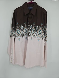 NUEVO CON ETIQUETAS Camisa Panhandle Marrón Oscuro Rosa Borde Azteca Manga Larga Perla A Presión XLRodeo - Imagen 1 de 5