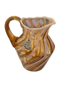 Fenton Spiral Optic Opalescent Pitcher Creamer 4.5" Caramel Brown & White Vtg - Picture 1 of 11