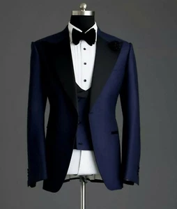 Men Blue Suits 3 piece Tuxedo Designer Wedding Dinner Suit(Coat+Waistcoat+Pants) - Picture 1 of 2