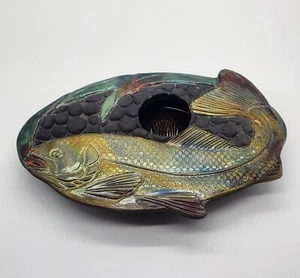 Caralyn Kieckhaefer Wildcat Lake Pottery Fish Ikebana Vase with Flower Frog - Picture 1 of 14