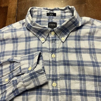 J Crew Shirt Mens Large Blue Plaid Button Up Linen Casual Slim Lightweight - Image 1 of 4