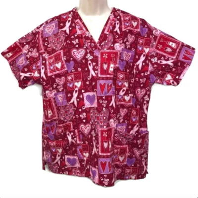 Peaches Red Heart Valentine's Gold Flecks Scrub Shirt Womens Sz Medium Nurse Vet - Image 1 of 4