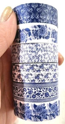 6卷蓝色和白色瓷制Washi胶带装饰遮蔽 — 第 1/4 张图片
