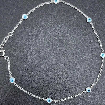 925 NEW Sterling Silver MOP Anklet Evileye 9" 1"Extension 3.5mm in Diameter  - Image 1 of 4