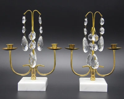 Pair of Small Table Brass Candelabras with Marble Bases & Crystal Pendalogues - image 1 of 4