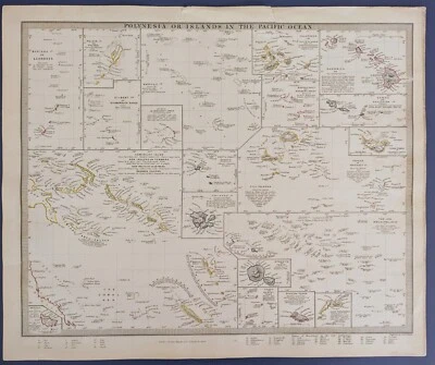 Mapa caminante Polinesia o Islas en el Océano Pacífico Hawaii SDUK 1840 Foto 1 de 4