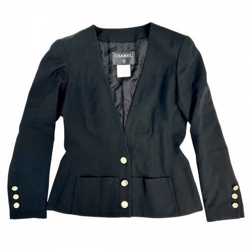 CHANEL Giacca Blouson Senza Collo Donna Taglia 38 Nero Oro 100% Lana MARCHIO COCO