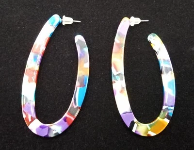 Pendientes de aro de acrílico ovalados coloridos postes de acero inoxidable de 2,5 pulgadas vintage años 80 Foto 1 de 4