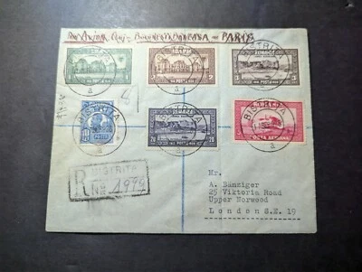 Cubierta de correo aéreo registrada Rumania 1928 Bistrita a Londres SE 19 Inglaterra Foto 1 de 2