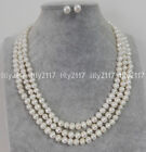 Natural 3Rows 7-8Mm White Cultured Freshwater Pearl Necklace Earring Set 17-19''
